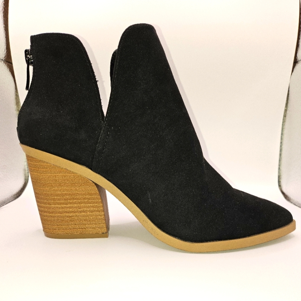 torrid Black Suede Ankle Booties with Tan Wood Block Heel
